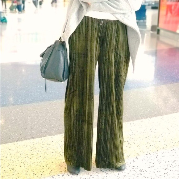 Olive Velvet Palazzo Pants - Picture 2 of 4